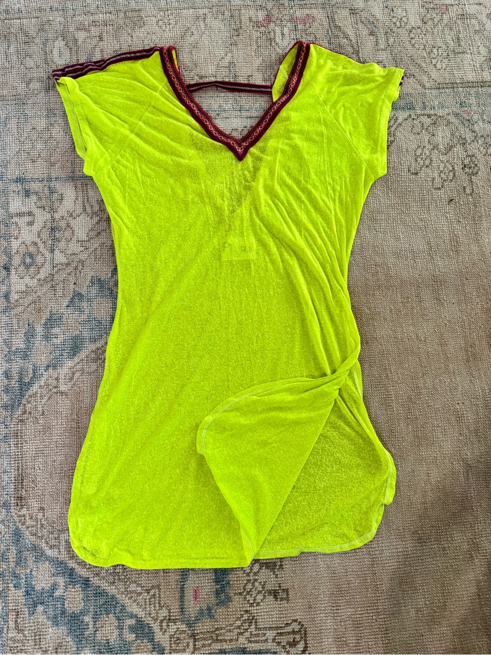 Pitusa Neon Lime Sheer V-Neck Swim Coverup with Trim